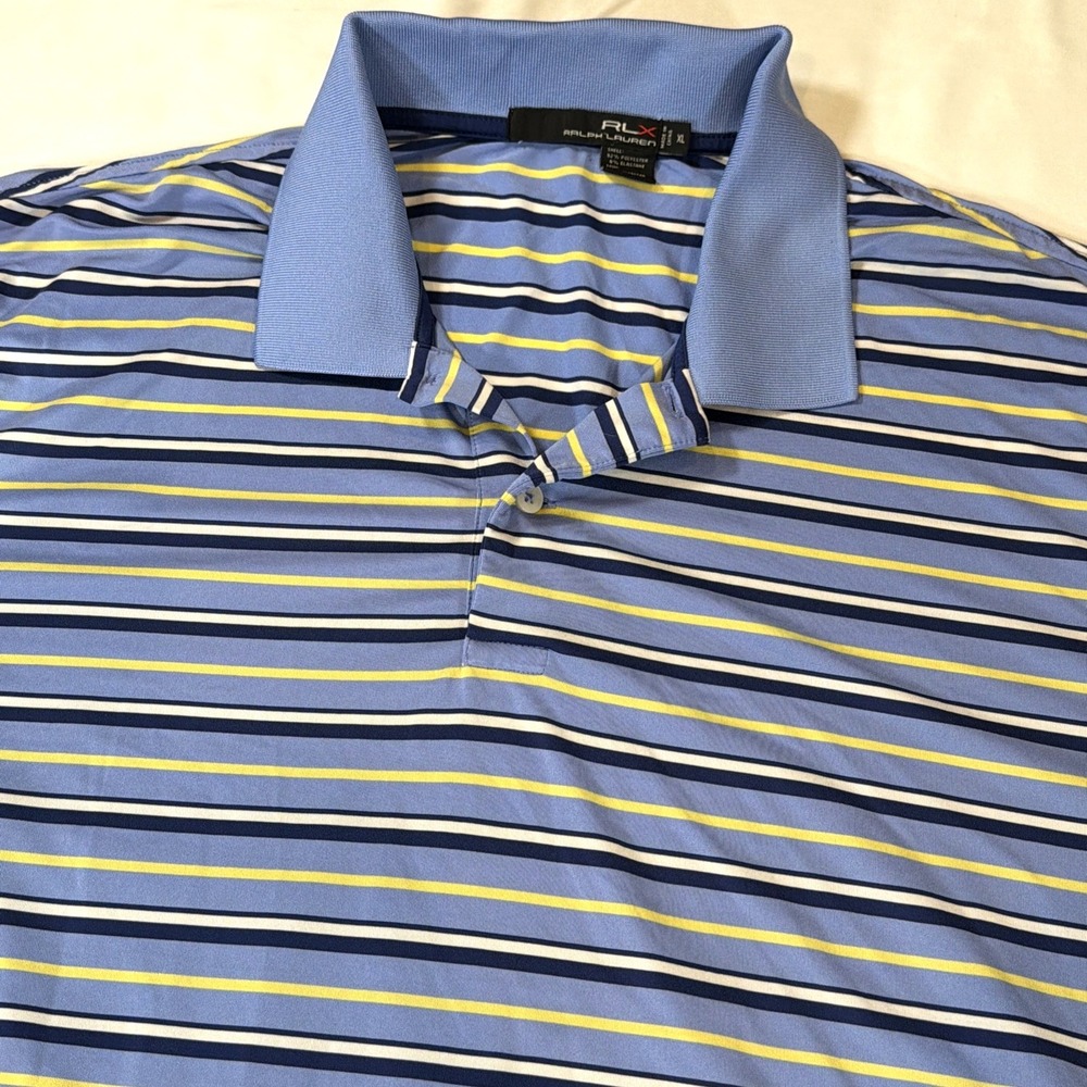RLX Ralph Lauren Mens XL Golf Polo Blue White Yellow Striped Performance